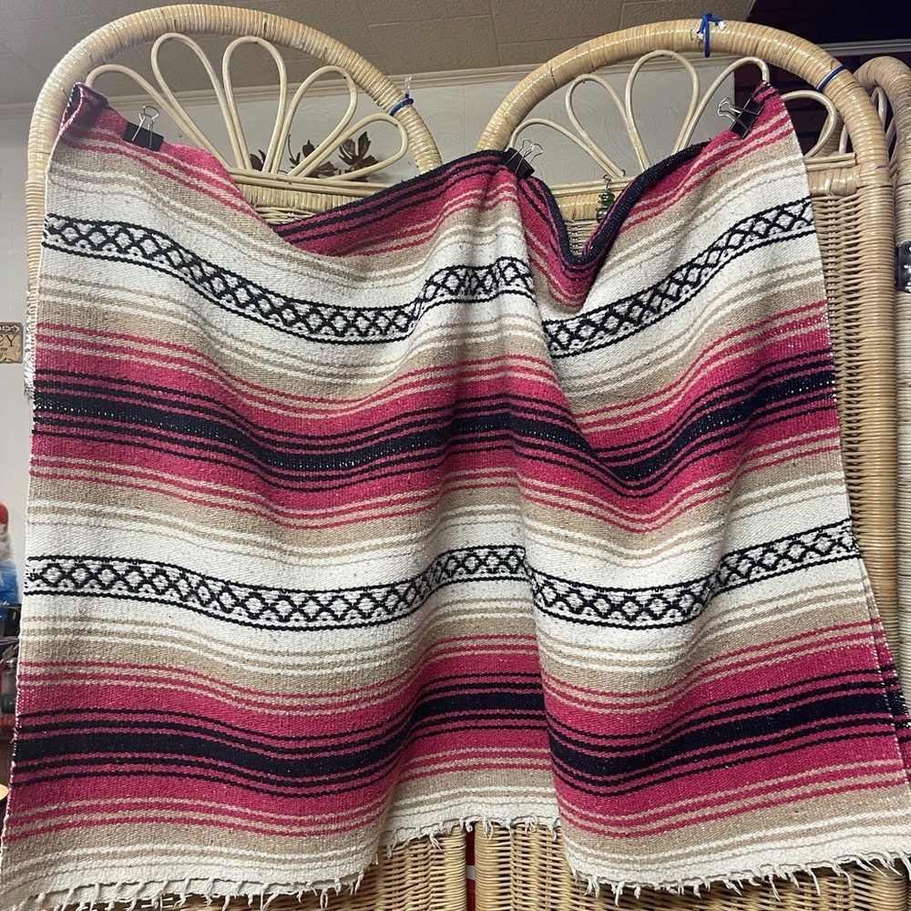 SOUTHWESTERN Falsa Throw Blanket Fringes, Pink, Blue, Beige Warmth 49×68"L